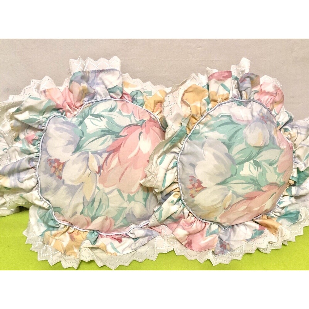 Circular Round Floral Flower Decorative Throw Pillows with Frill Pink Blue Green